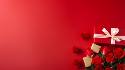 Happy Box of roses on a red background and a gifts Horizontal composition with copy space
