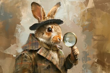 A bunny detective hopping with a magnifying glass in its paws, chasing after a suspect.