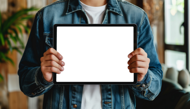 Mockup view of blank tablet screen in businessman's hand - Powered by Adobe