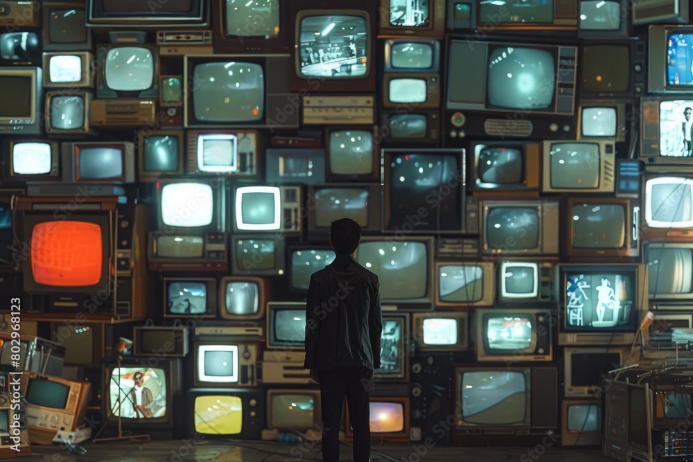 Aufkleber a man standing in front of a wall of televisions. ideal for technology or surveillance concepts