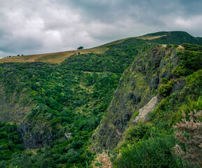 Panoramic view over Te Toto Gorge Lookout and Mt Kariori on an overcast summer day. High vantage point. Raglan Waikato