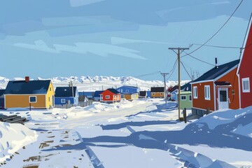 A painting of a snowy street with houses in the background. Suitable for winter-themed designs