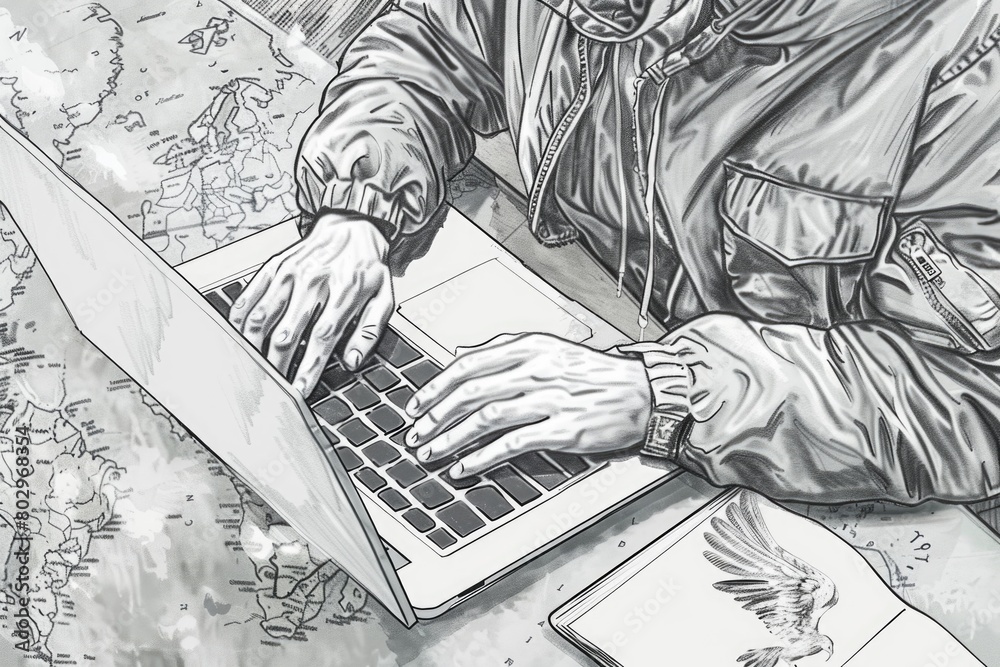Poster a man is working on a laptop. suitable for business concepts