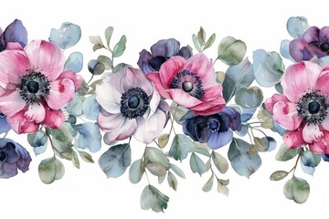 Fototapeta premium Beautiful watercolor painting of anemones and eucalyptus leaves. Perfect for home decor or botanical themed designs