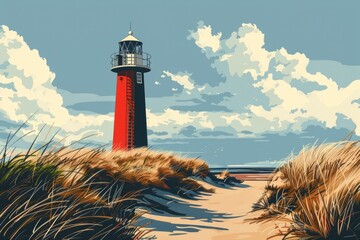 A painting of a lighthouse on a serene beach. Ideal for coastal-themed designs