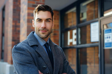 Obraz premium Detective Mike: A Smiling Male Detective in Front of the Police Station
