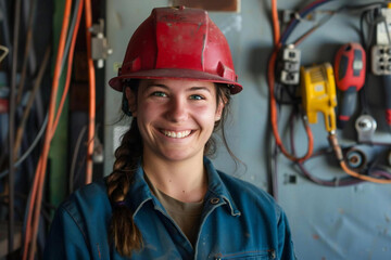 Empowered and Energized: Female Electrician Smiling in Workshop