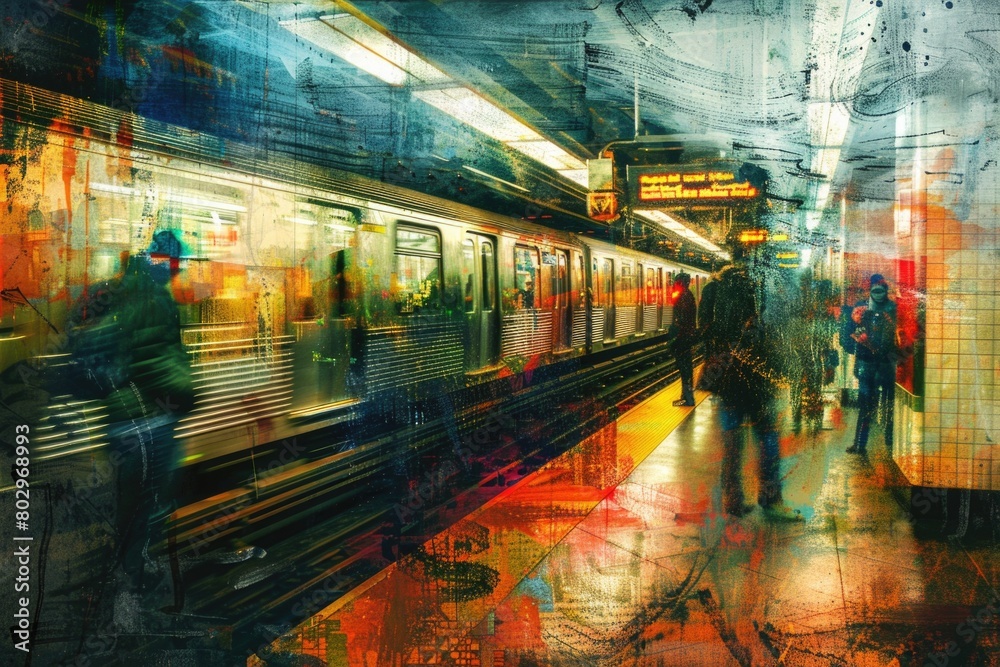 Poster people walking on a crowded subway station platform. suitable for transportation concept