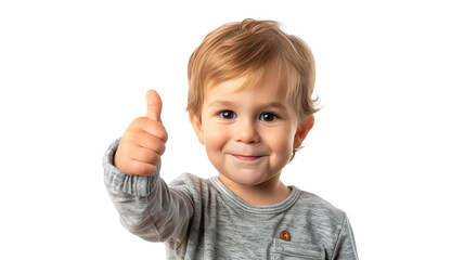 Joyful toddler giving a thumbs up isolated on transparent png background.

