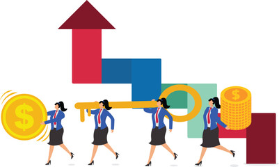 Teamwork, Successful Business Teams, Keys for Teams, Growing and Progressing Teams, Business Team Members Take Huge Keys and Gold Coins Together