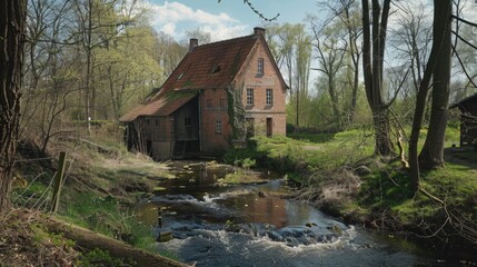 A peaceful house nestled in the woods next to a gentle stream. Ideal for nature and real estate concepts