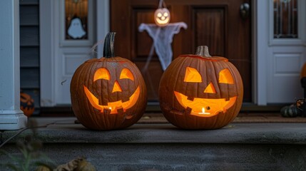 Jack-O-Lanterns Glowing on a Festive Halloween Evening