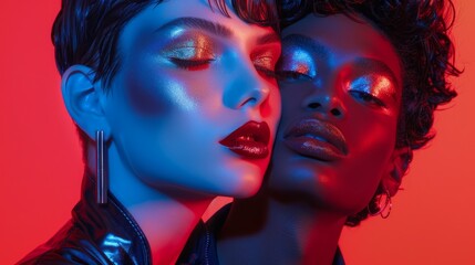 Dynamic Duo in Metallic Makeup Under Neon Lights