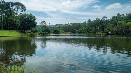 A tranquil lake nestled among lush green trees. Perfect for nature backgrounds