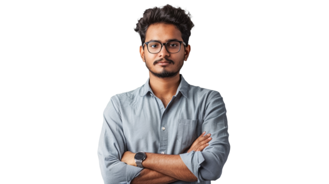 Portrait of happy successful smiling young indian man entrepreneur isolated on transparent png background.