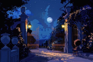A mysterious night scene with a gate under a full moon. Perfect for spooky or fantasy themed projects