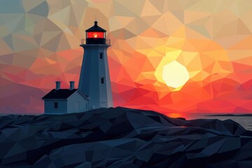 A beautiful lighthouse standing on a rocky shore at sunset. Perfect for travel or nature-themed designs