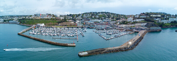 Torquay marina and harbour aerial panorama image. English riviera with cafe's, bars and the...