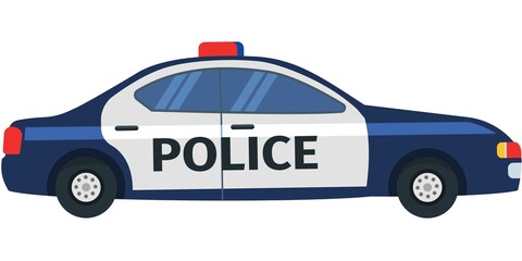 A blue and white cartoon police car with a red and blue light on top. The car is parked facing the left side of the image.
police-car-vector-icon