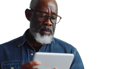 Senior black man using tablet isolated on transparent png background.

