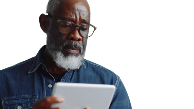 Senior black man using tablet isolated on transparent png background.
- Powered by Adobe