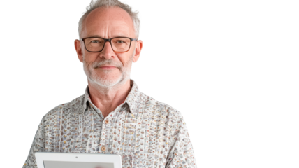 Portrait of a mature man standing holding digital tablet isolated on transparent png background.