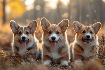 A trio of fluffy corgi puppies frolicking in a field of tall grass on a sunny day.
