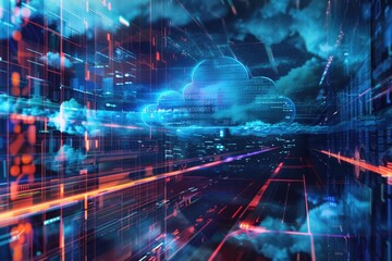 Cityscape with neon lights and cloudy sky. Suitable for urban themes