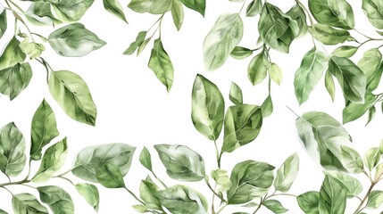 Vibrant watercolor painting of green leaves on a white background. Perfect for botanical prints or nature-themed designs