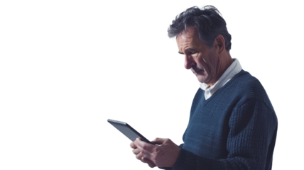 Portrait of a mature man using tablet isolated on transparent png background.
