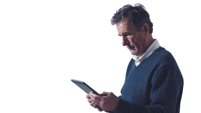 Portrait of a mature man using tablet isolated on transparent png background.
