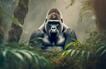 Portrait of a Slverback gorilla sitting in the misty jungle or forest.