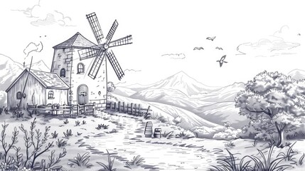 A picturesque drawing of a windmill on a hill. Perfect for travel brochures