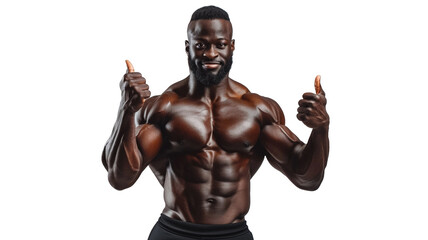 Fototapeta na wymiar Happy muscular black man showing like thumbs up standing isolated on transparent png background. Strong male naked torso abs. Male flexing his muscles. Sport workout bodybuilding concept. 