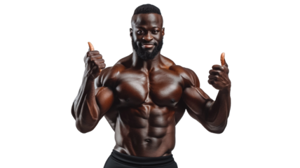 Happy muscular black man showing like thumbs up standing isolated on transparent png background. Strong male naked torso abs. Male flexing his muscles. Sport workout bodybuilding concept.
