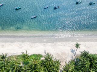 Sea, fishing boats, sandy beach and coconut grove. Vertical shot.