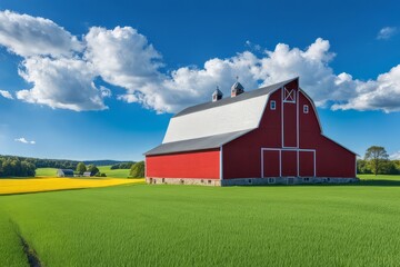 Serene countryside view with vibrant farm fields and classic red barn under clear blue sky