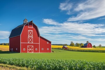 Serene countryside view with vibrant farm fields and classic red barn under clear blue sky