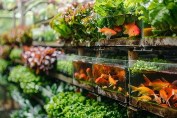 A colorful display of fish swimming in tanks stacked above rows of leafy green vegetables. 