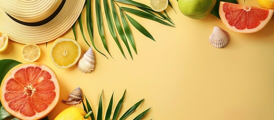 A composition for summer featuring fruits, a hat, tropical palm leaves, and seashells on a soft yellow background. Reflecting the essence of summer with a flat lay style, top view, and room for text.