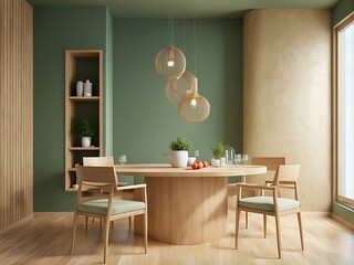 Modern kitchen and dining room on empty green wall background- 3D rendering 