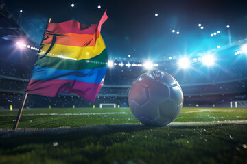 A soccer ball in a stadium with a gay pride rainbow flag flying