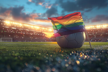 A soccer ball in a stadium with a gay pride rainbow flag flying