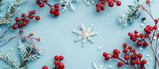 Christmas or winter arrangement featuring a snowflake and red berry frame set against a soft blue background. Symbolizing the essence of Christmas, winter, and New Year.