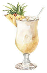 Exotic pina colada cocktail watercolor painting