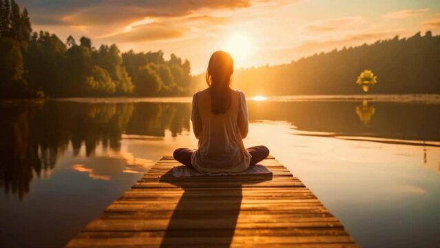a young woman meditating on a wooden pier on the edge of a lake. mental health concept.