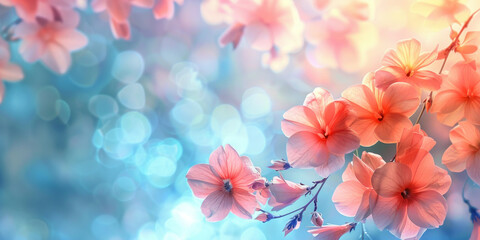 Elegant pink flowers with bokeh on a vibrant blue background for beautiful wallpaper design