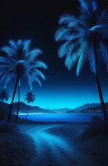 Night landscape with neon blue light. Dark neon palm tree background. Road, retro background, calm and relaxation.