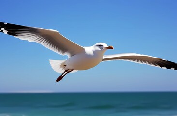 Seagulls fly across the sky, around the water surface