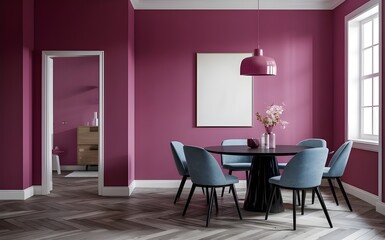 Empty-painted viva magenta wall.dark grey color chairs, furniture with black table and blank background. mockup Dinning room design. 3d render